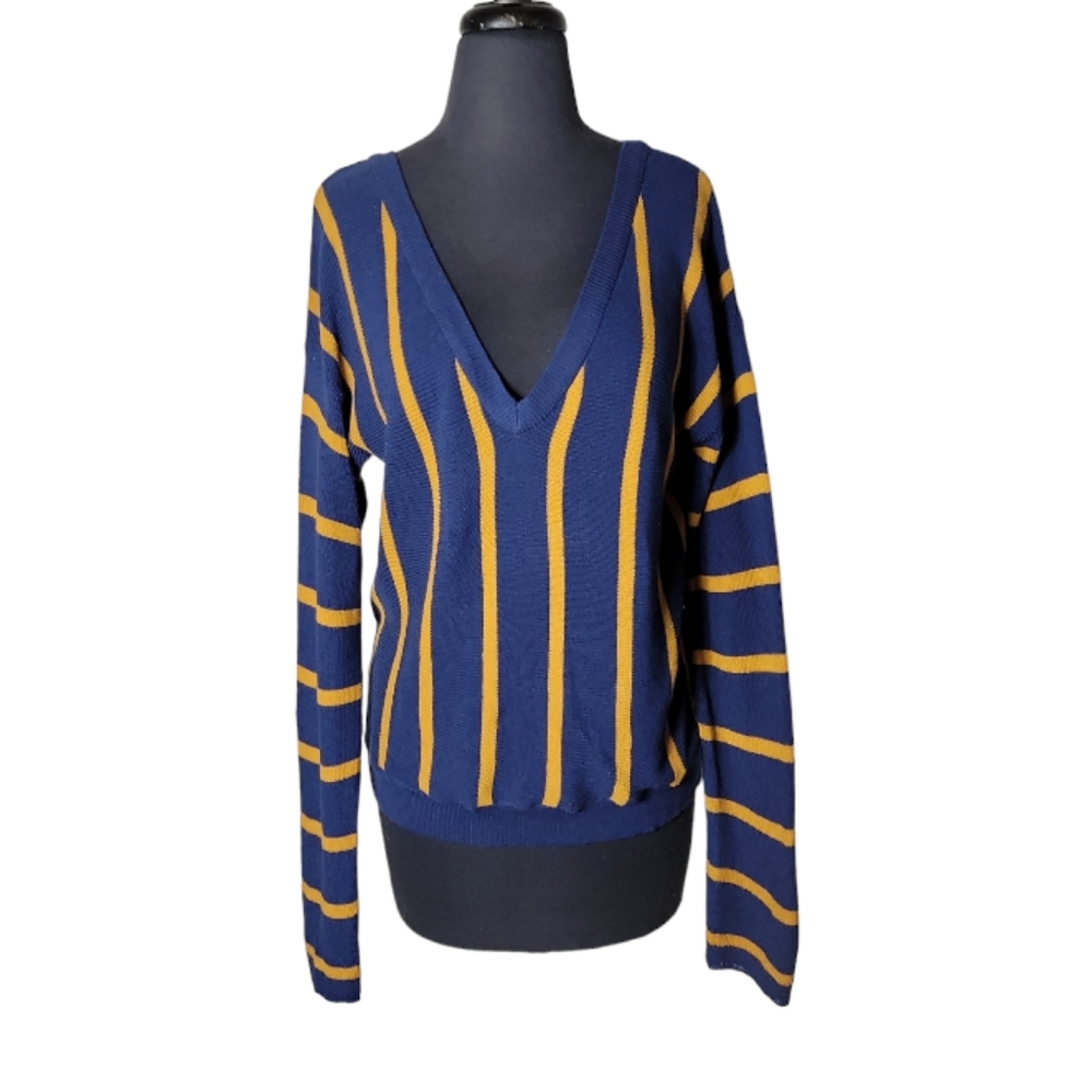 Forever 21 blue yellow striped v neck long sleeve sweater women's size small